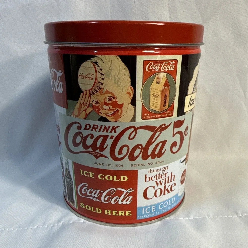 Coca-Cola Vintage Ads Collage Tin Canister w/ Lid, Red Multicolor Soda Repro